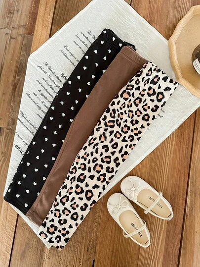 SHEIN LMoss Kids 3件套 女童爱心豹纹针织休闲打底裤