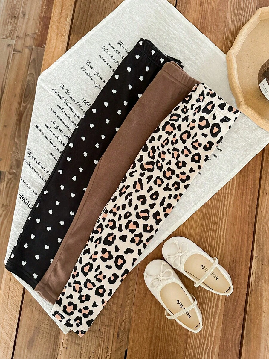 SHEIN LMoss Kids 3件套 女童爱心豹纹针织休闲打底裤 - 卡其色 - 查看 1