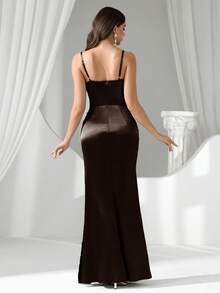 Coutiva Women's Rhinestone Embellished Sheer Black Long Evening Gown - Brown - View 2