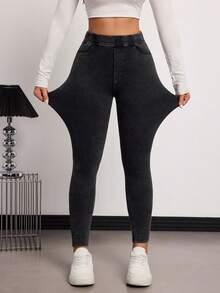 SHEIN Tall Winter Summer Women's Casual Skinny Fit Jeans, Street Fashion Comfortable Stretch Knit Black Washed Denim Jeans - Black - View 2