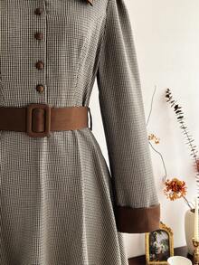 Vintamour Vintage Classic Elegant Women's Dress, Autumn/Winter Fitted Colorblock Plaid Dress With Collar, Belt, Pockets, Long Sleeve, Brown