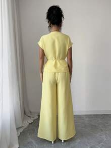 Elenzga 女士时尚休闲V领上衣和裤子两件套，春夏款 - 黃色 - 查看 2