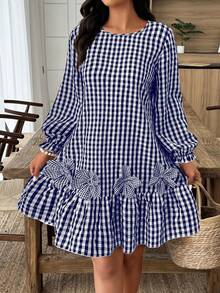 EMERY ROSE 女士休闲连体裤，饰有3D立体花卉图案，荷叶边下摆，格子图案，秋冬款 - 藏蓝色 - 查看 5