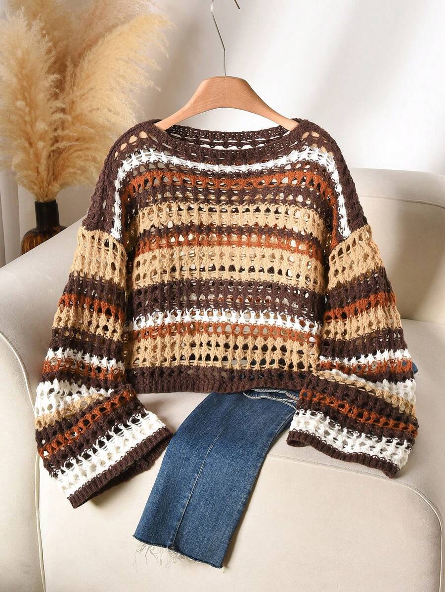 CosyJoli Áo len cổ thuyền khoét lỗ màu xanh và trắng, tay dài, dáng rộng, thường ngày, cỡ lớn - màu nâu - Xem 1