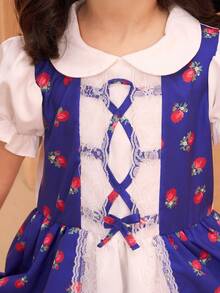 SHEIN Middle Eastern Young Girl'Strawberry Print Ruffle Sleeve Dress,White Summer Fairy First Birthday Puff Sleeve Peter Pan Collar Lace Patchwork Abaya - Multicolor - View 6