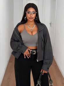 Maweii Plus Size Women's Casual Stand Collar Loose Retro Versatile Long Sleeve Zipper Pocket Jacket Coat, Suitable For Outings And Commuting - Dark Grey - View 6