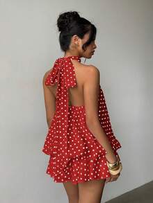 Aloruh Women's Elegant Polka Dot Print Halter Backless Mini Dress - Red - View 2