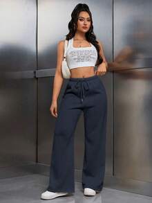 EMERY ROSE Women's Elastic Waist Drawstring Thermal Lined Loose Pants - Navy Blue - View 5