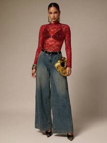 Silquee Bộ đồ liền thân dài tay ren hoa gợi cảm cho nữ - Đỏ - Xem 6