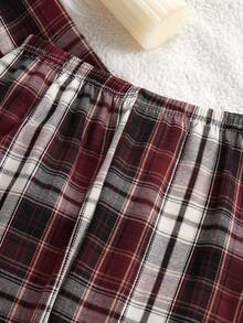 Teenage Boys/Men's Casual Red Plaid Print Fabric Long Sleeve Cardigan And Pants Loungewear Set Boys Plaid Pajamas Teen Boys Pajamas-Pajama Set Crew Neck Or Shirt Collar Long Sleeve Long Pants Plaid Burgundy White Check Four Season 2026 New Year Essential Versatile And Comfortable Warm And Cute Style - Red - View 6