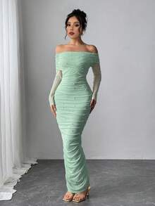 Firerie Women's Elegant Sage Green Off-Shoulder Pearl Decor Ruffle Fitted Slim Summer Party Formal Wedding Date Maxi Dress - Green - View 4