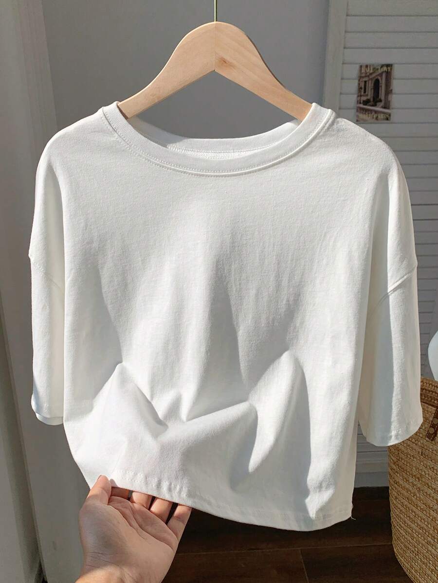 Comfortcana Solid Drop Shoulder Crop Tee - White - View 1