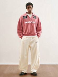 TOKVUE Sudadera holgada de manga larga con cuello vuelto y bordado de letras para hombre - Rojo - Ver 3