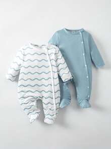 Newborn Baby Boy 2-Piece Knit Crew Neck Long Sleeve Top And Pants Set, Solid Blue Wavy Stripe, Casual Vacation Loungewear, Spring/Summer/Autumn/Winter