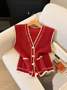 Nubod 圣诞节加大码女式时尚休闲简约红色针织背心，带纽扣和白色撞色滚边，是圣诞节服装的理想之选，也适合春季节日穿着。 - 紅色 - 查看 3