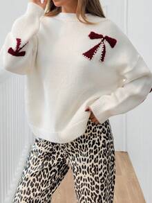 EURMUSE 女士圆领柔软触感红色缎带细节毛衣套头衫 - 奶油色 - 查看 6