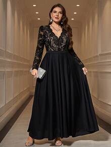 SHEIN Clasi 大码优雅派对蕾丝拼接连衣裙 - 黑色 - 查看 5