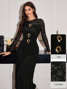 Modelyn Robe moulante à manches longues pour femmes avec patchwork de dentelle, boucle métallique et taille plissée, pour l'automne - Noir - Voir 2