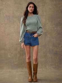 WESTFADE Áo thun ôm sát cổ thuyền tay dài, dệt kẻ caro, viền bèo nhún, tay phồng - Màu xanh nhạt - Xem 3