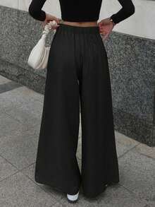 DAZY Women's Loose Fit Wide Leg Pants With Pockets And Elastic Waist, Solid Color - Black - View 2