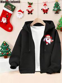 KID005|Navidad|1 pieza Abrigo infantil / Chaqueta con capucha para niños|Chaqueta de capucha infantil con dibujo de San Nicolás para la temporada navideña, perfecta para mantener al niño cálido y estilo mientras celebra las fiestas - Negro - Ver 1