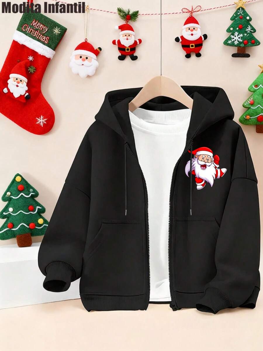 KID005|Navidad|1 pieza Abrigo infantil / Chaqueta con capucha para niños|Chaqueta de capucha infantil con dibujo de San Nicolás para la temporada navideña, perfecta para mantener al niño cálido y estilo mientras celebra las fiestas - Negro - Ver 1