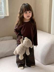 DAZY 2pcs/Set Toddler Girls' Casual Solid Color Round Neck Top And Striped Pants Pajama Set - Coffee Brown - View 5