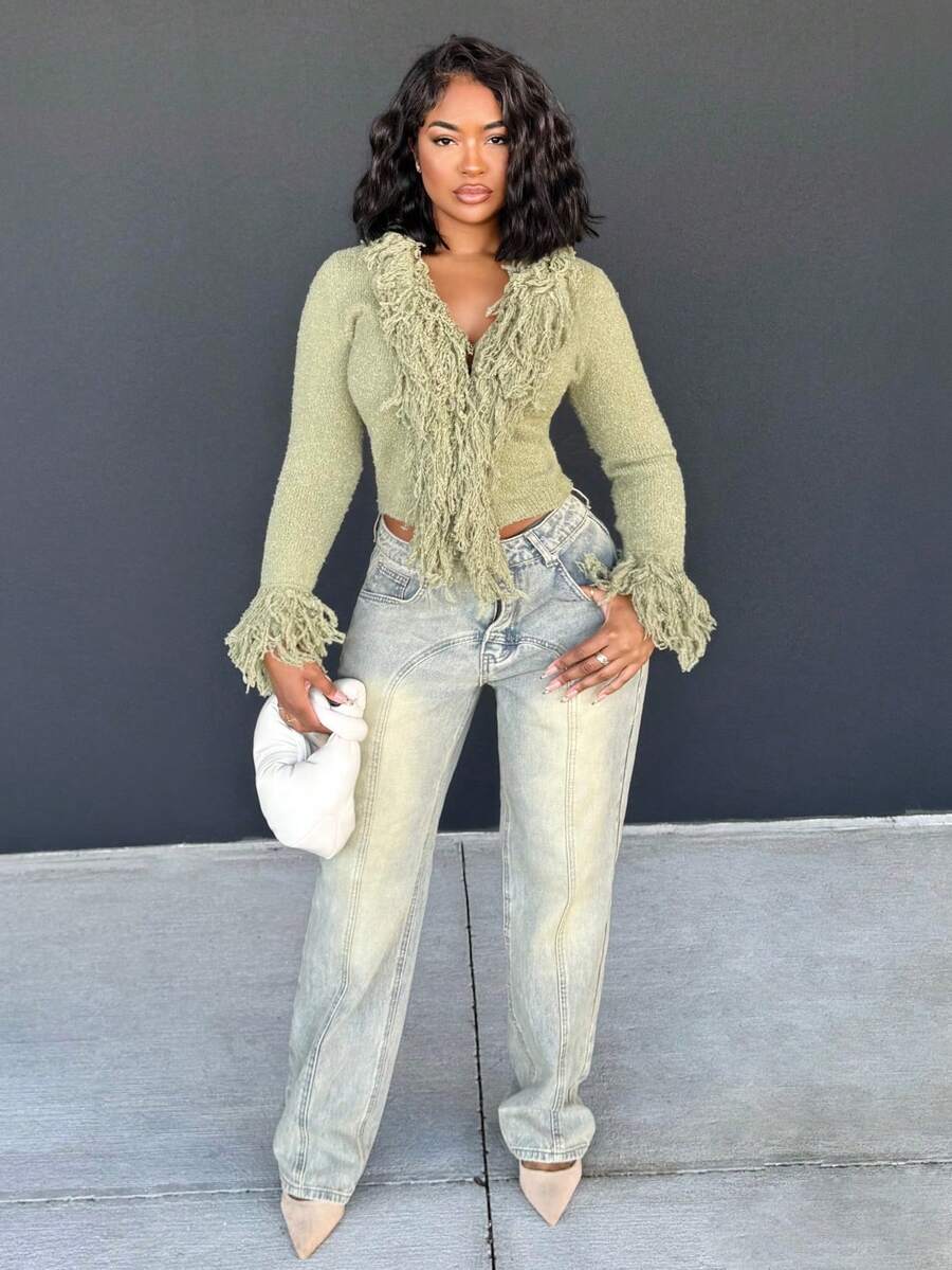 Alexandranx 针织毛边修身开衫，秋季舒适蓬松可爱休闲咖啡俱乐部冬季圣诞节感恩节时尚 - 軍綠色 - 查看 1