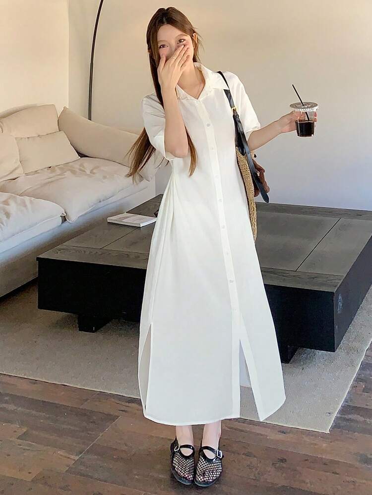 Women's Turndown Collar Solid Color Short Sleeve Casual Shirt