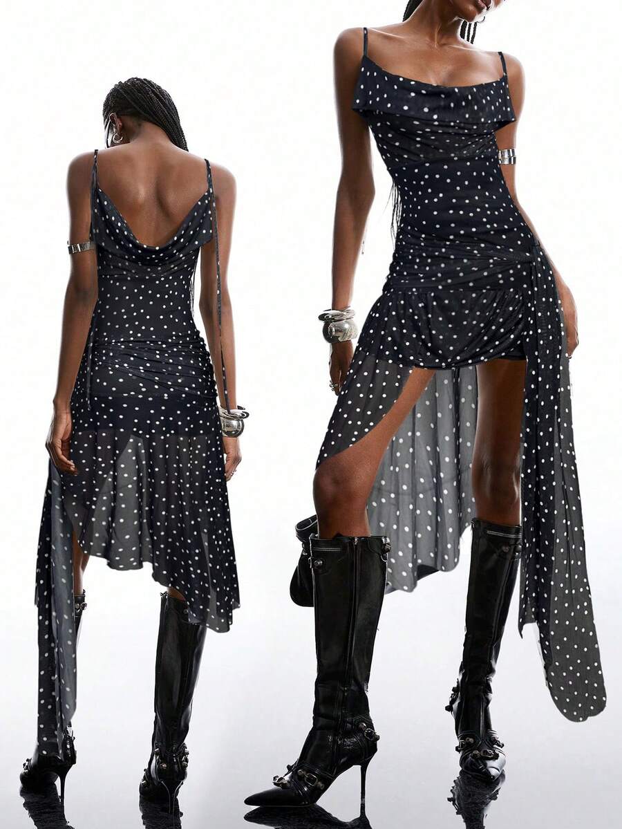 LYSMO Váy ngủ chấm bi hở chân hở vai thời trang xuân/hè cho nữ - màu đen - Xem 1