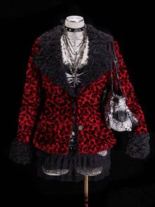 Sunspun Christmas Fashionable Faux Fur Collar Black & Red Leopard Print Fluffy Punk Goth Mid-Length Jacket - Multicolor - View 4