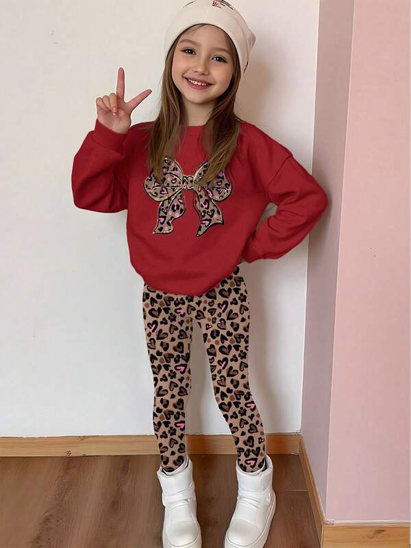 SHEIN Leap Crew Set de 2 piezas de sudadera de cuello redondo de manga larga con estampado de lazo de leopardo rojo frambuesa y leggings de ajuste holgado, suave y cómodo, adecuado para otoño e invierno