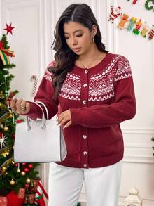SHEIN LUNE Plus Size Geometric Pattern Front Button Casual Long Sleeve Cardigan Christmas - Multicolor - View 6