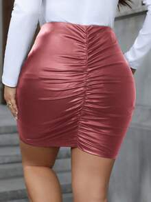 SHEIN LUNE 大码纯色褶皱修身铅笔裙，休闲日常穿着，适合感恩节、新年、冬季派对等场合，性感百搭。 - 酒紅色 - 查看 8