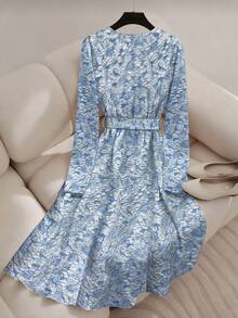 Franclia Elegant Blue White Floral Jacquard V-Neck Long Sleeve Midi Dress, French Style Waist Cinched Dress For Women,Autumn Vacation Tea Party Dress - Blue - View 2