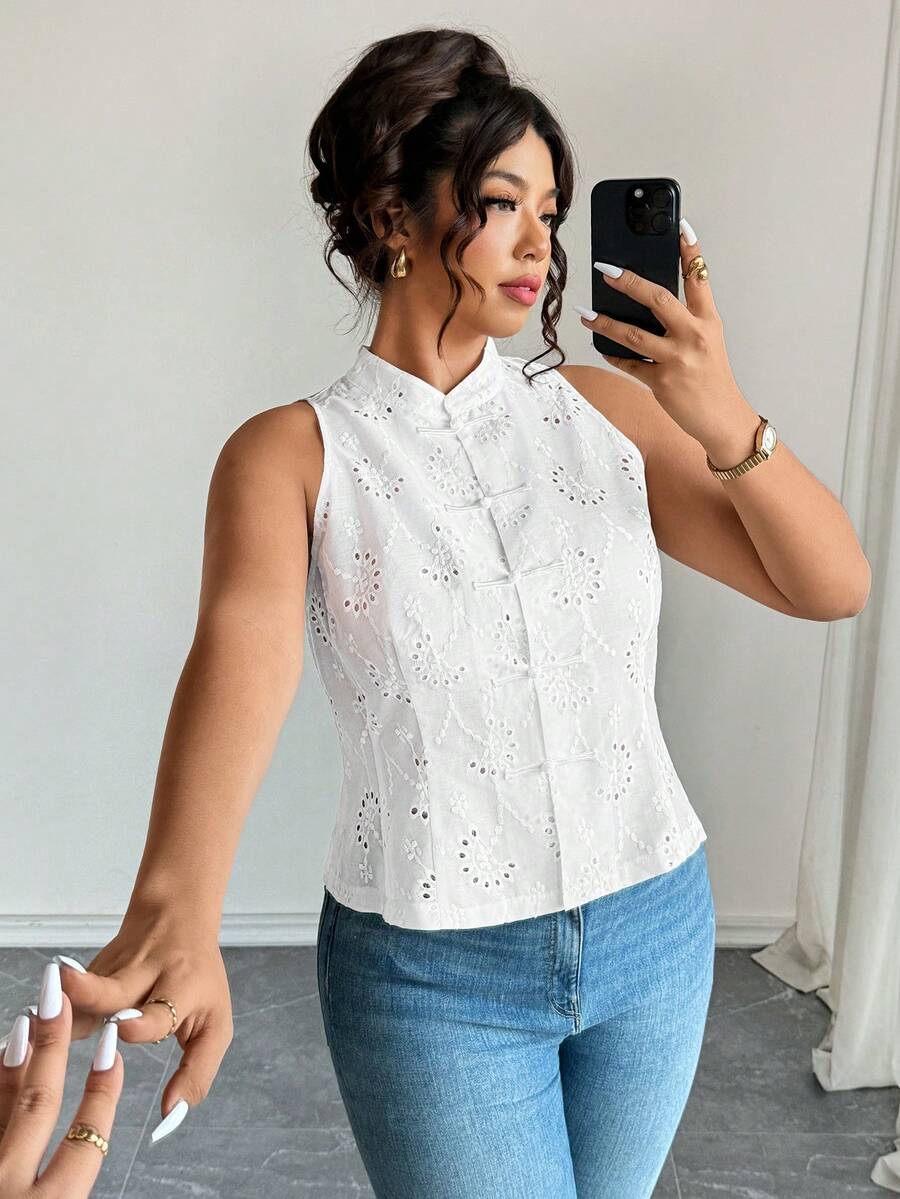Elenzga Plus Size New Chinese Style Chinese Chic Hollow Out Jacquard Design Top White Elegant Top Women Blouses Summer - White - View 1
