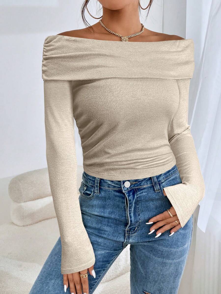 Firerie Women's Solid Color Ruched Off Shoulder Fashionable Long Sleeve T-Shirt - Apricot - View 1