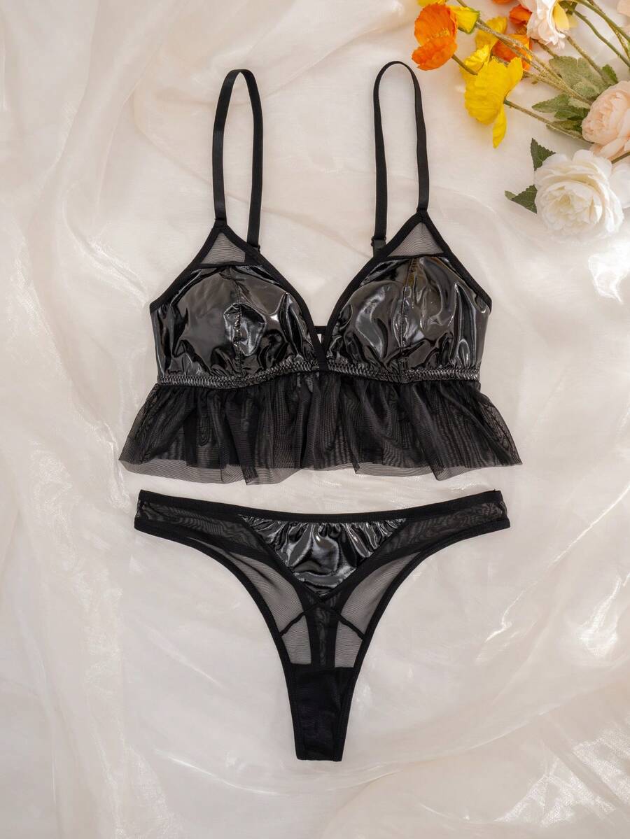 AltCore 2pcs Women's PU Leather Contrast Mesh Comfortable Wireless Triangle Cup Bra And Thong Set - Black - View 1