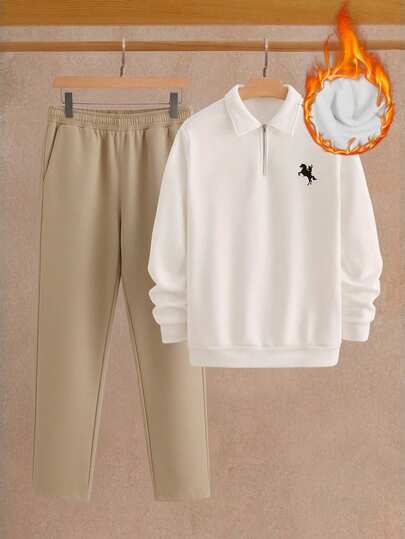 HIMLAND 2pcs/Set Men's Casual Knit Fleece Sweatshirt And Straight Leg Pants Set Cream Outfit Men Men 2 Piece Set Men Casual Sets Apricot Men Outfit 2 Piece Set Men Street