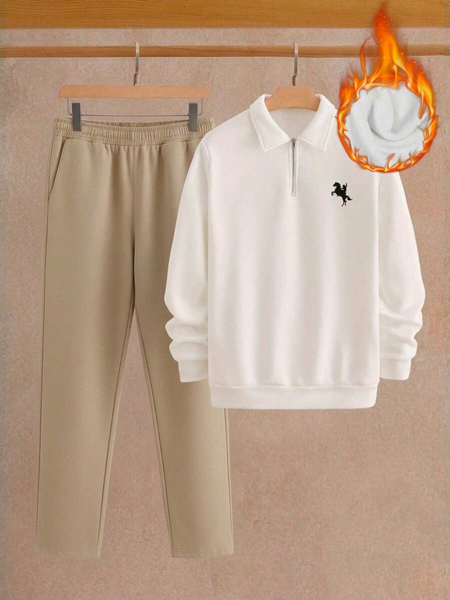 HIMLAND 2pcs/Set Men's Casual Knit Fleece Sweatshirt And Straight Leg Pants Set Cream Outfit Men Men 2 Piece Set Men Casual Sets Apricot Men Outfit 2 Piece Set Men Street - Multicolor - View 1