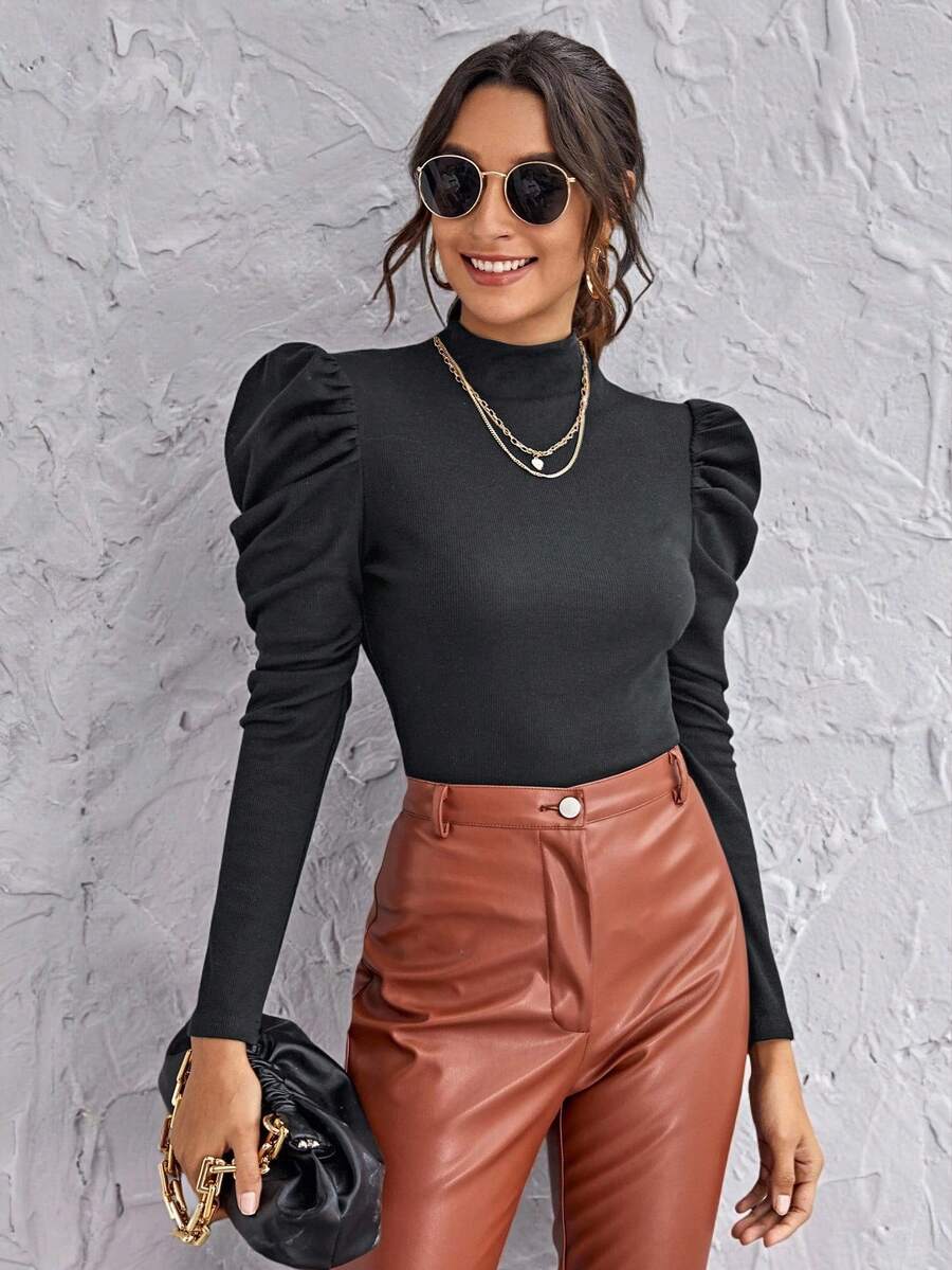 SHEIN Clasi Mock-Neck Gigot Sleeve Top Black Top - Grey - View 1