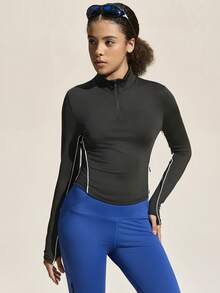 Exploreva Casual Versatile Black Front & Side Zipper Fitted Outdoor Sports Sweatshirt Activewear For Women Sporty Clothes Women Cycling Clothes Women - Black - View 4