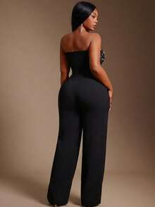 Radiana Bộ đồ liền thân lưới đính đá Rhinestone cỡ lớn mới dành cho nữ, trang phục dự tiệc gợi cảm - màu đen - Xem 6