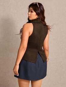 Elaquor Top sans manches col montant couleur unie grande taille, convient pour le travail. Top sans manches pour femmes en saison printanière - Marron - Voir 2