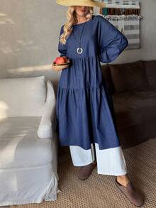 EMERY ROSE 女士圆领长袖荷叶边宽松牛仔娃娃裙 - 藍色 - 查看 5