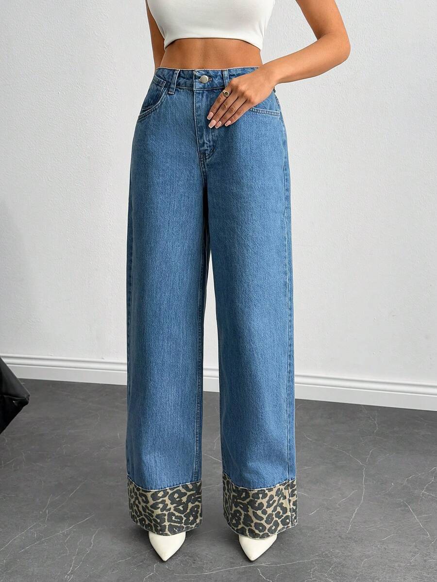 EURMUSE Fashionable Commuter Leopard Print Patchwork High Waist Wide Leg Jeans - Blue - View 1