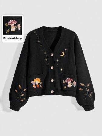 Fairycore Cárdigan de mujer talla grande con bordados de setas, estrellas y lunas, con mangas abullonadas, en estilo vintage