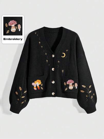 Fairycore Cardigan vintage pour femmes grandes tailles avec manches bouffantes, brodé de motifs champignons, étoiles et lune