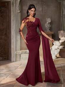 Aureia Robe de soirée élégante et luxueuse à manches longues, brodée, avec appliqués faits main, en maille transparente stretch, ourlet sirène. Convient pour toutes les occasions formelles, rendez-vous, soirées célibataires, mariages, tapis rouge, galas, Saint-Valentin - Rouge foncé - Voir 7