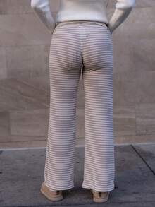 Andrea Bello Winter Clothes For Women, Clean Girl Winter Home Casual Kaluli Style Retro Striped Double Waist High Elastic Low Waist Wide Leg Pants - Khaki - View 2